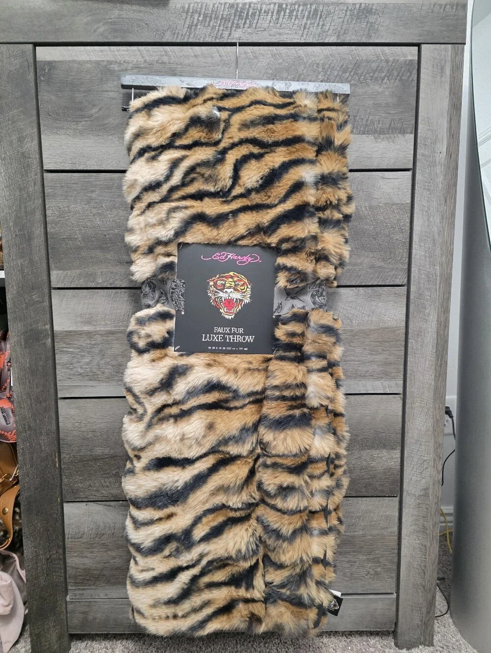 Set Of 2 Ed Hardy Faux Fur Luxe Throw Blankets Leopard & Tiger Print